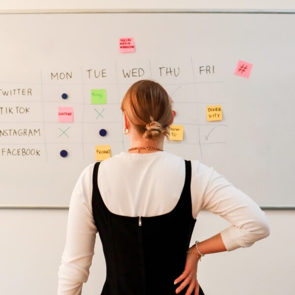 a woman standing in front of a white board with sticky notes on it
